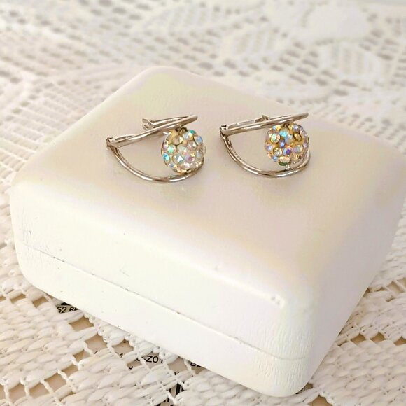 925 Floating Crystal Double Hoop Earrings Sterling Silver Drop Post Earrings - Picture 7 of 14